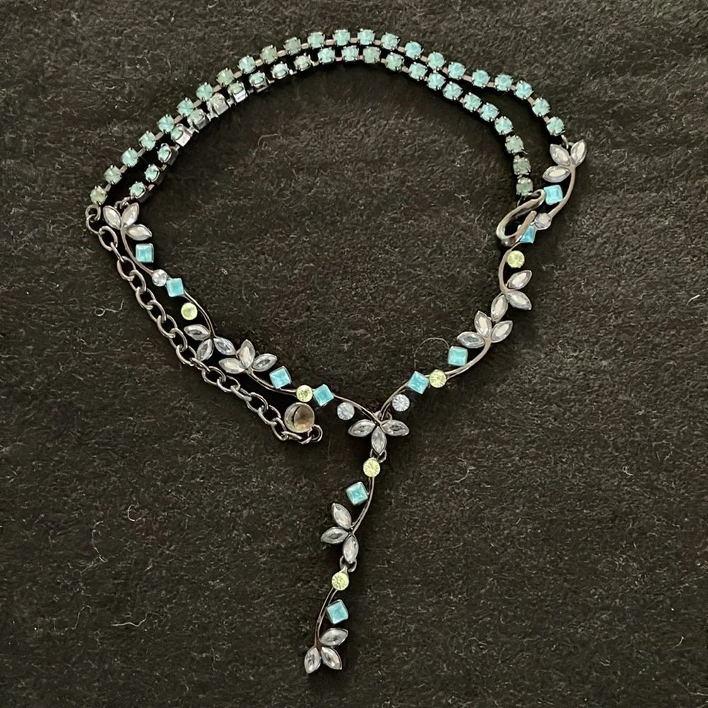 Sapphire Drop Pendant/Necklace Blue/Dark Silver Grey 14-17” Soft Delicate
